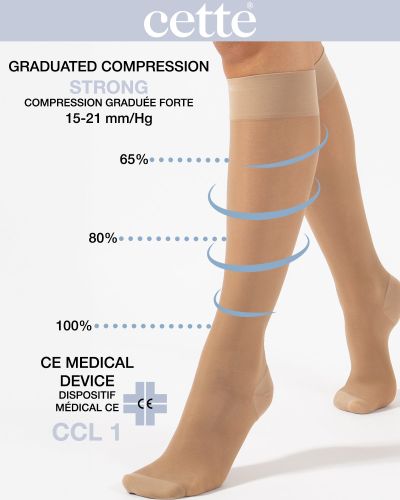Cette Wellness Strong Knee High -kompressiosukat 140 den 15-21 mm/hg - Beige Kompressiopolvisukat kevyesti hoitavalla 15-21 mmHg:n kompressiolla. CE-merkitty lääkinnällinen laite. S/M 35-38 - L/XL 39-42 273-117/BEI