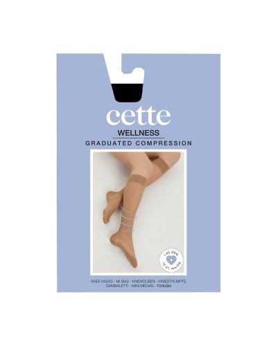Cette Wellness Strong Knee High -kompressiosukat 140 den 15-21 mm/hg - Black Kompressiopolvisukat kevyesti hoitavalla 15-21 mmHg:n kompressiolla. CE-merkitty lääkinnällinen laite. S/M 35-38 - L/XL 39-42 273-902/BLK