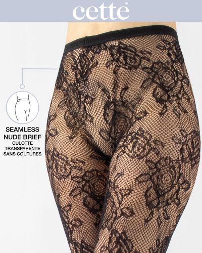 Cette Rose Fishnet -sukkahousut - Black Ruusukuvioiset verkkosukkahousut pehmeällä vyötärönauhalla. S/M - 2XL 443-902/BLK