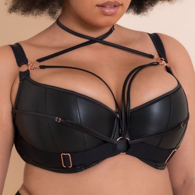 Scantilly by Curvy Kate Harnessed Padded Half Cup -rintaliivit Black Pleather Kaarituettu, kevyesti topattu, keinonahkainen puolikuppi balconette . 65-85, E-L ST-008105-BLK