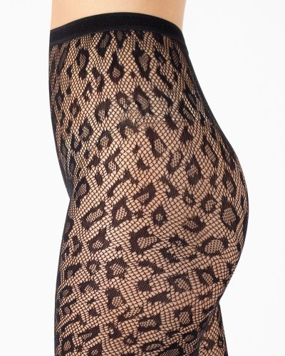 Cette Leopard Fishnet -sukkahousut Black Leopardikuvioiset verkkosukkahousut pehmeällä vyötärönauhalla. S/M - 2XL 402-902/BLK