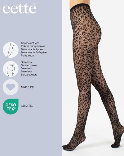 Cette Leopard Fishnet -sukkahousut Black Leopardikuvioiset verkkosukkahousut pehmeällä vyötärönauhalla. S/M - 2XL 402-902/BLK