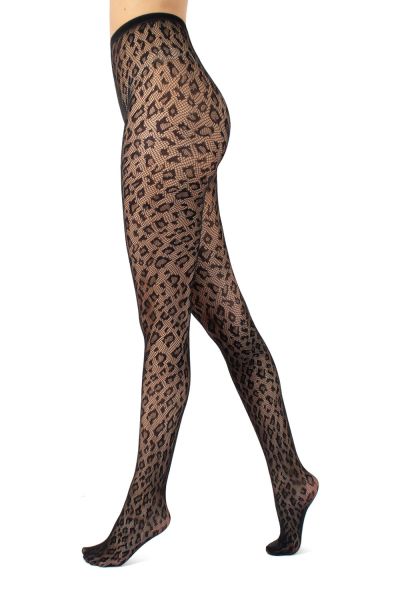 Cette Leopard Fishnet -sukkahousut Black Leopardikuvioiset verkkosukkahousut pehmeällä vyötärönauhalla. S/M - 2XL 402-902/BLK