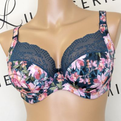 Elomi Lucie UW Stretch Plunge -rintaliivit Teal Floral Kaarituettu, kokokuppinen ja toppaamaton plunge-liivi joustopitsillä. 70-100, E-N EL4490-TOL