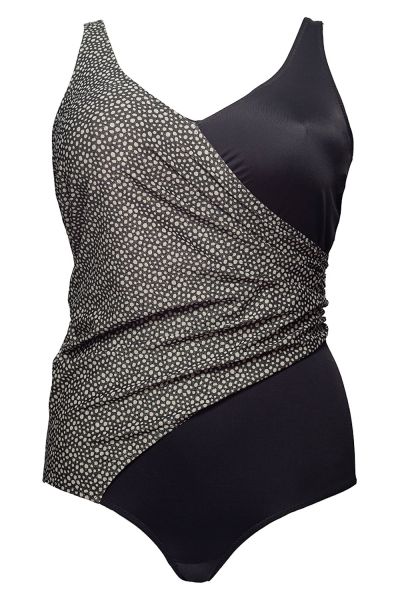 Plaisir Lingerie Pearl Faux Wrap-uimapuku musta-harmaa glitterillä Uimapuku sisäänommellulla liiviosalla 42-56, C-H T0056-16/BLK/GRY