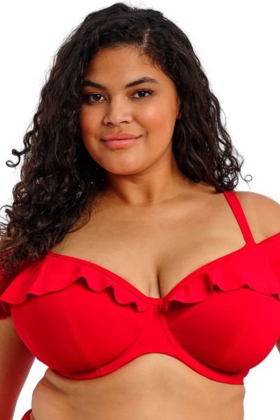 Elomi Plain Sailing UW Ruffle Plunge -bikiniliivit - Lava Red Kaarituettu edestä bikiniliivi röyhelöolkaimilla. 75-100, F-L ES7282-LAA