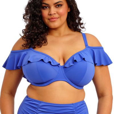 Elomi Plain Sailing UW Ruffle Plunge -bikiniliivit Azure Blue Kaarituettu edestä bikiniliivi röyhelöolkaimilla. 75-100, E-L ES7282-AZE
