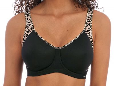 Freya Active Sonic UW Moulded-urheilurintaliivit Pure Black Leopard Kaarituettu ja topattu, saumaton urheiluliivi, jossa muunneltavat olkaimet. 65-90, D-K AC4892-PUK