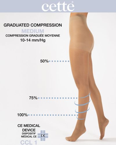 Cette Wellness Medium -kompressiosukkahousut 70 den 10-14 mm/hg - Beige Kompressiosukkahousut kevyellä 10-14 mmHg:n kompressiolla. CE-merkitty lääkinnällinen laite. S/36-38 - 2XL/52-54 473-117-BEI