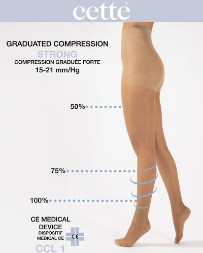 Cette Wellness Strong -kompressiosukkahousut 140 den 15-21 mm/hg - Beige Kompressiosukkahousut kevyesti hoitavalla 15-21 mmHg:n kompressiolla. CE-merkitty lääkinnällinen laite. S/36-38 - 2XL/52-54 475-117/BEI